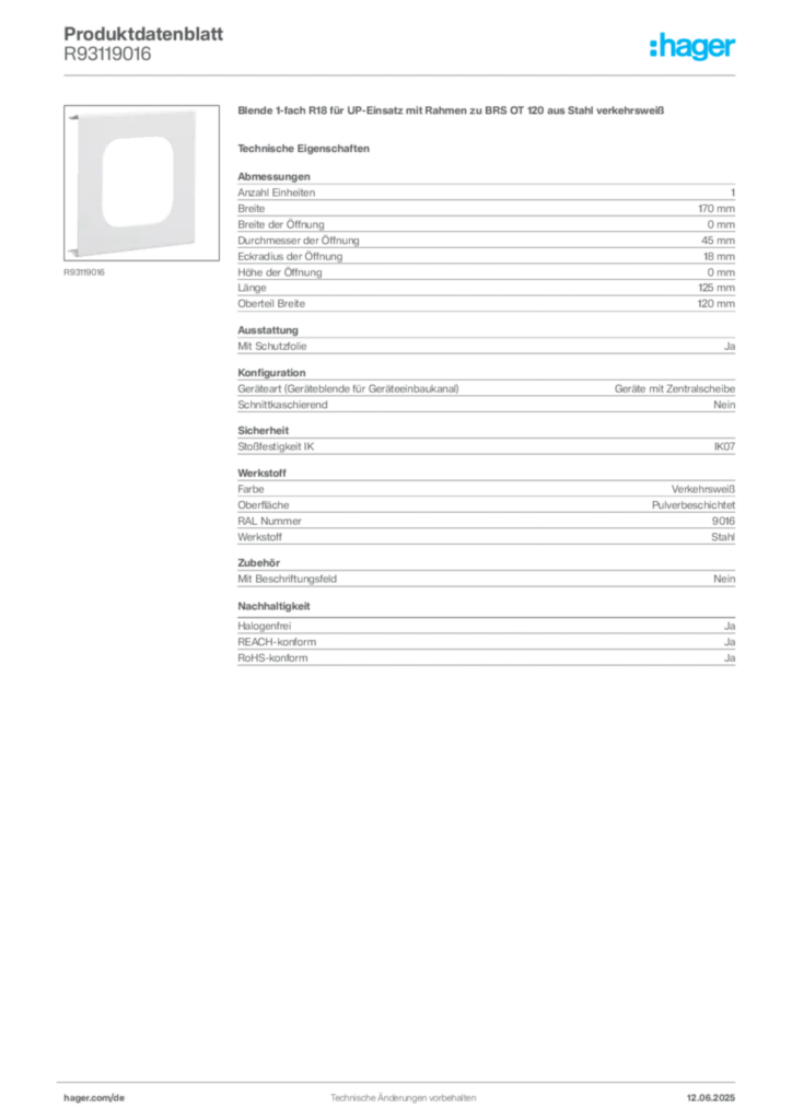 Hager Produktdatenblatt R93119016
