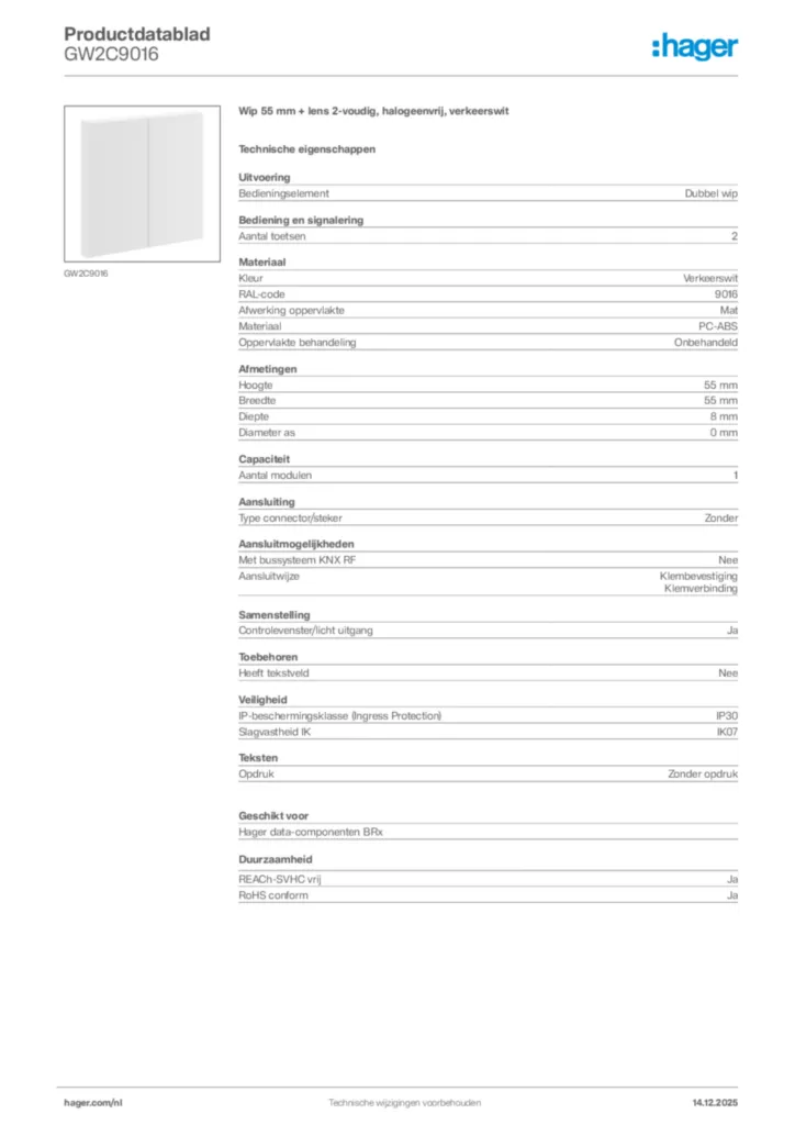 Afbeelding Hager Productdatablad GW2C9016 | Hager Nederland