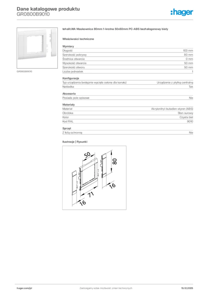 Zdjęcie Hager Karta katalogowa GR0800B9010 | Hager Polska