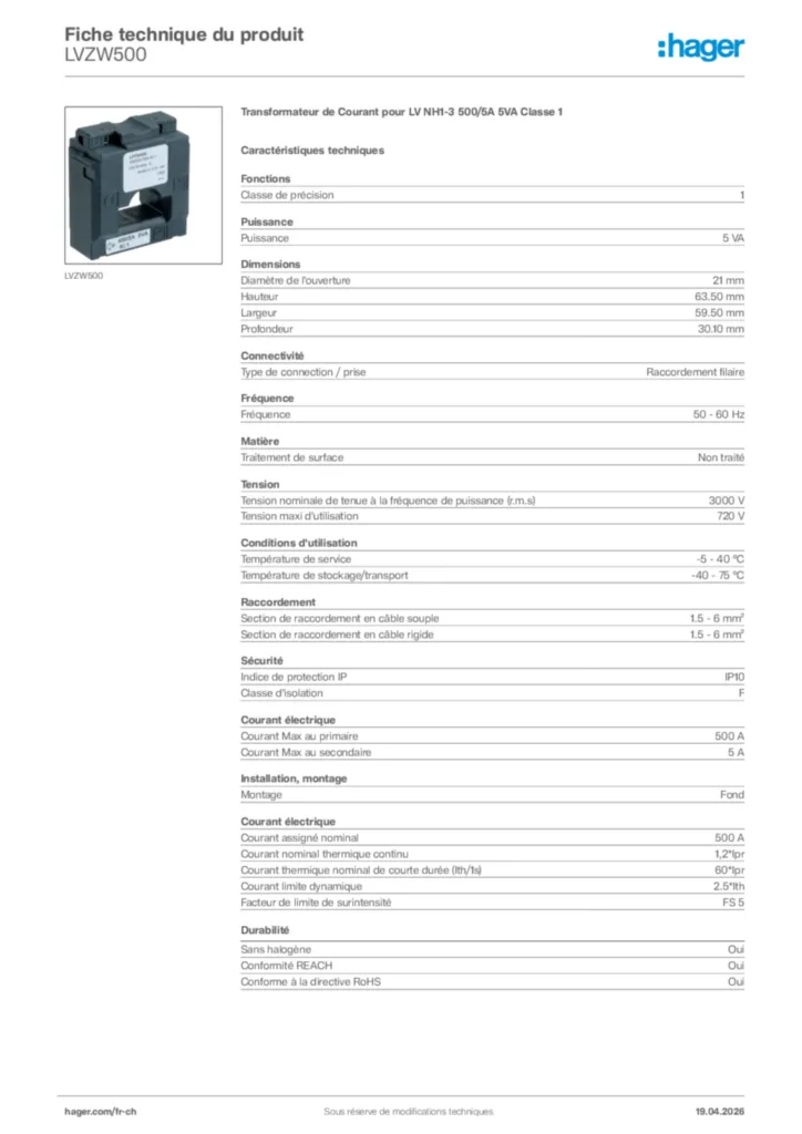 Image Hager Fiche technique du produit LVZW500 | Hager Suisse