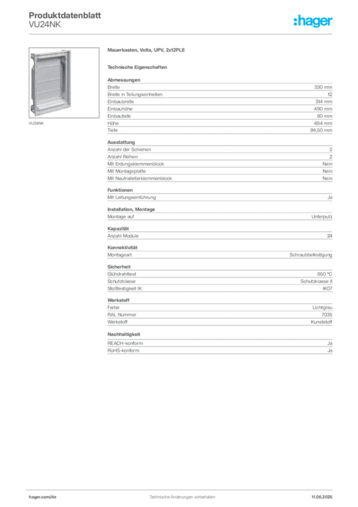 Bild Hager Produktdatenblatt VU24NK | Hager Deutschland