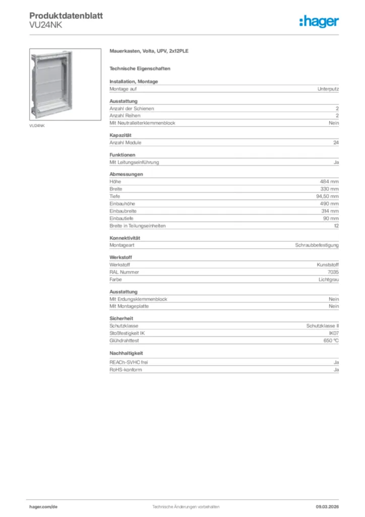 Bild Hager Produktdatenblatt VU24NK | Hager Deutschland