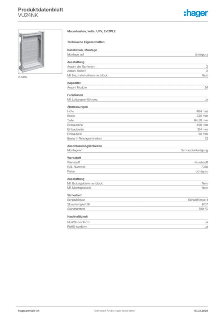 Bild Hager Produktdatenblatt VU24NK | Hager Schweiz
