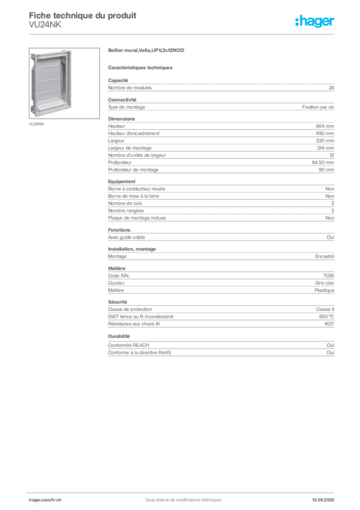 Image Hager Fiche technique du produit VU24NK | Hager Suisse