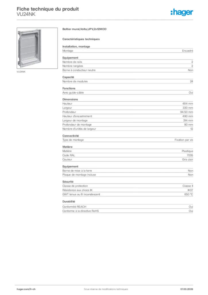 Image Hager Fiche technique du produit VU24NK | Hager Suisse