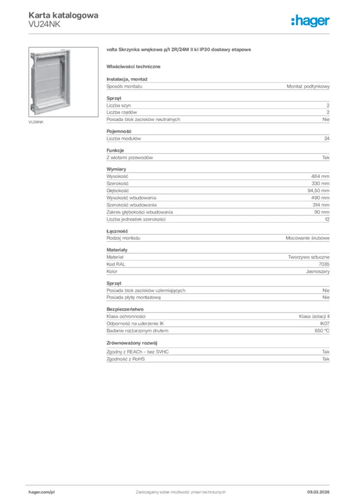 Zdjęcie Hager Karta katalogowa VU24NK | Hager Polska