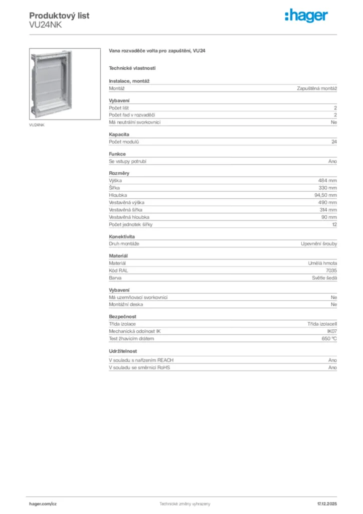 Obrázek Hager Produktový list VU24NK | Hager