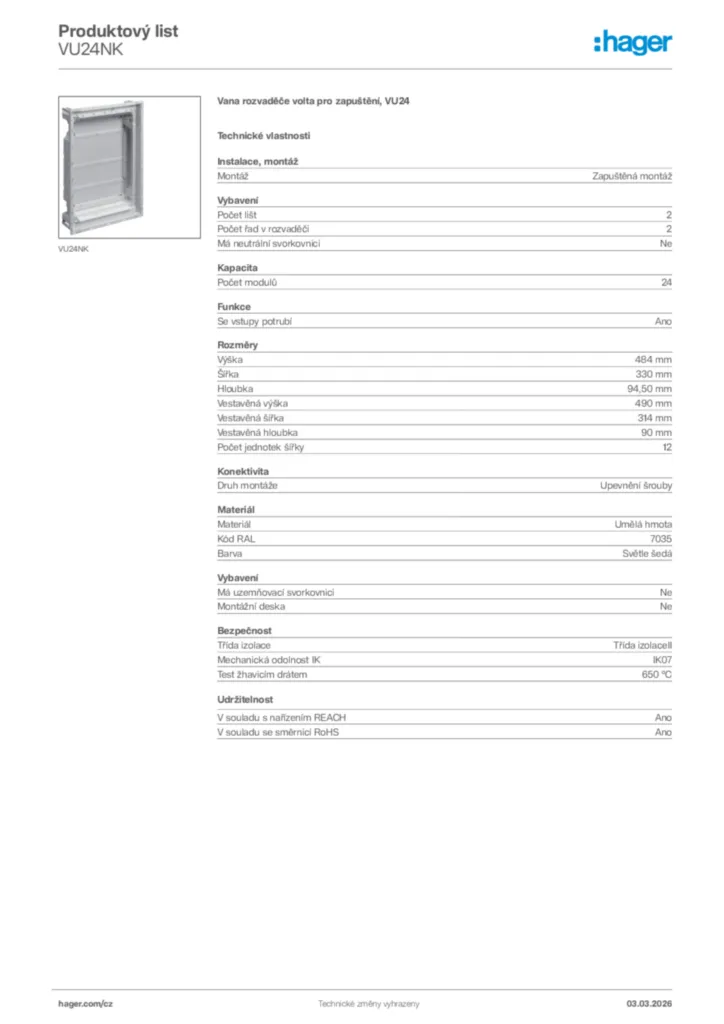 Obrázek Hager Product data sheet VU24NK | Hager