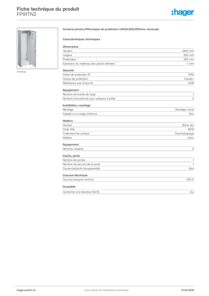 Image Hager Fiche technique du produit FP91TN2 | Hager Suisse