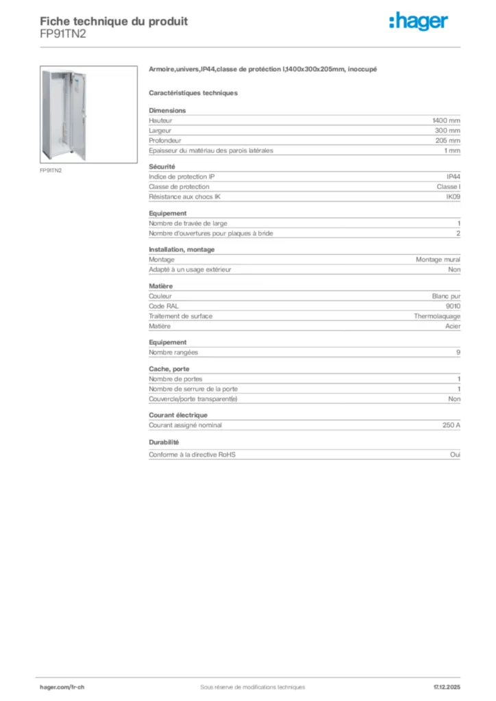Image Hager Fiche technique du produit FP91TN2 | Hager Suisse