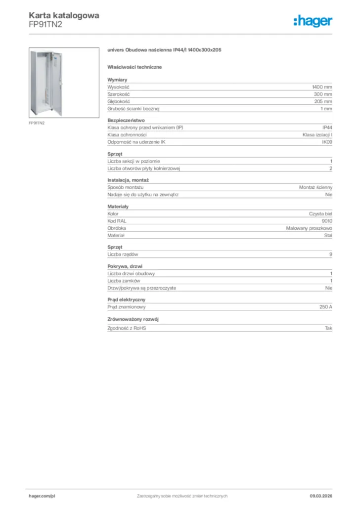 Zdjęcie Hager Karta katalogowa FP91TN2 | Hager Polska