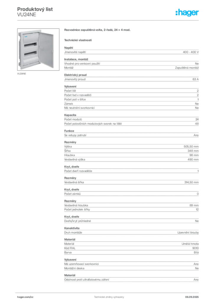 Obrázek Hager Produktový list VU24NE | Hager