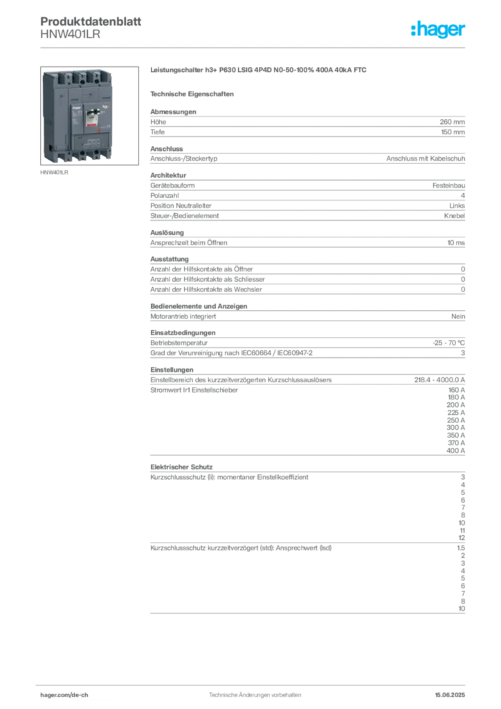 Bild Hager Produktdatenblatt HNW401LR | Hager Schweiz