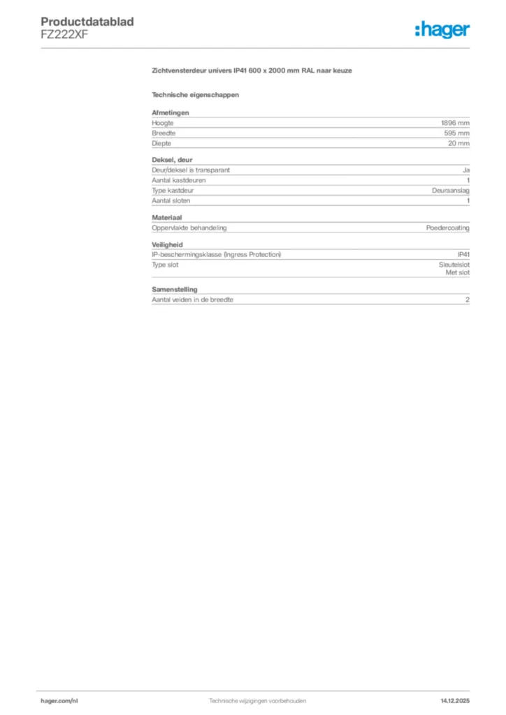 Afbeelding Hager Productdatablad FZ222XF | Hager Nederland