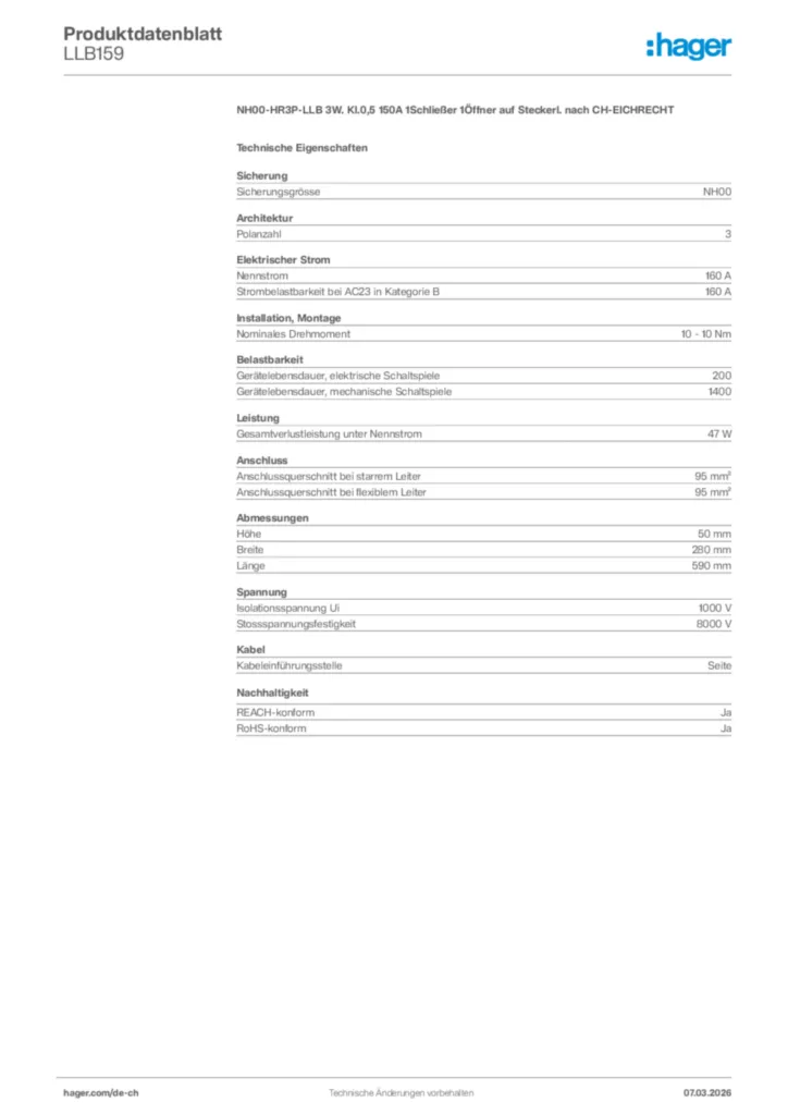 Bild Hager Produktdatenblatt LLB159 | Hager Schweiz
