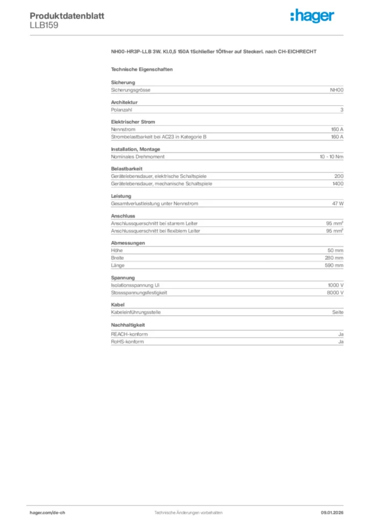 Bild Hager Produktdatenblatt LLB159 | Hager Schweiz