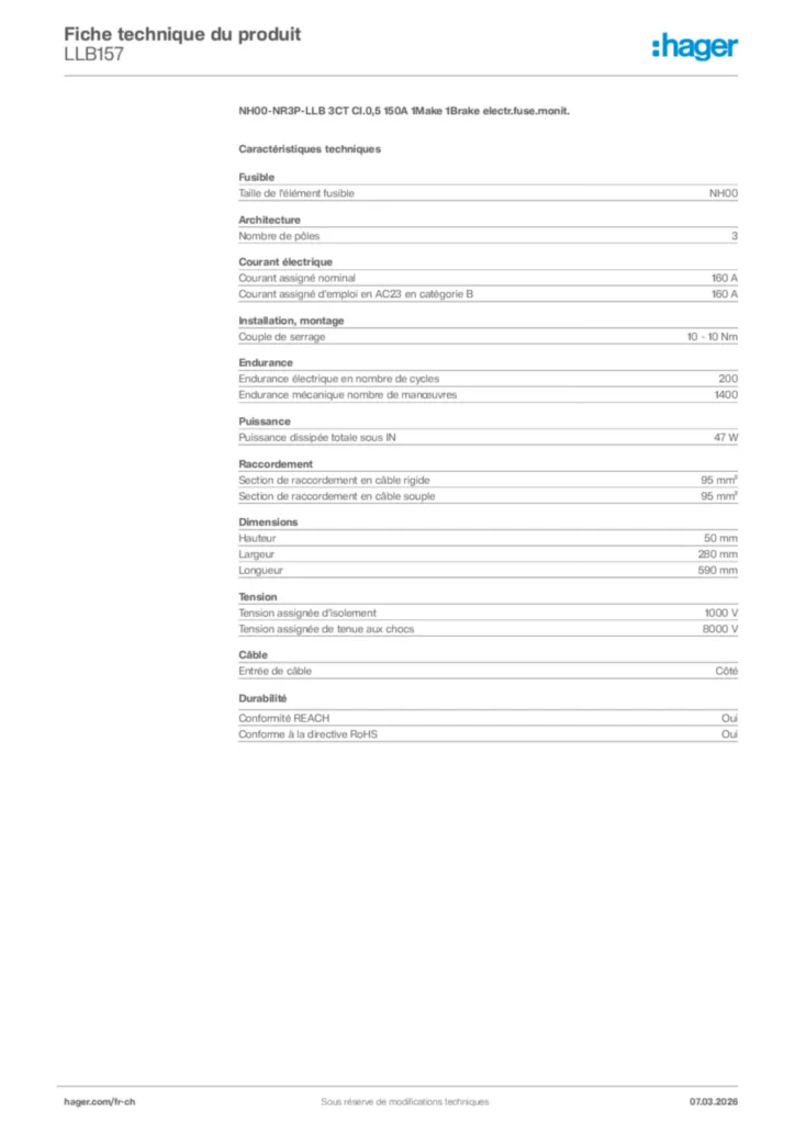Image Hager Fiche technique du produit LLB157 | Hager Suisse