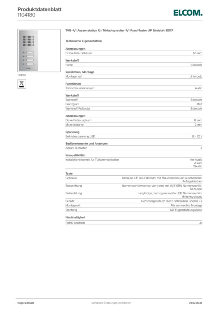 Bild Elcom Produktdatenblatt 1104180 | Hager Deutschland