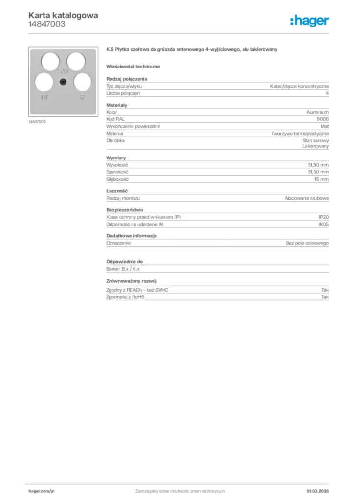 Zdjęcie Hager Karta katalogowa 14847003 | Hager Polska