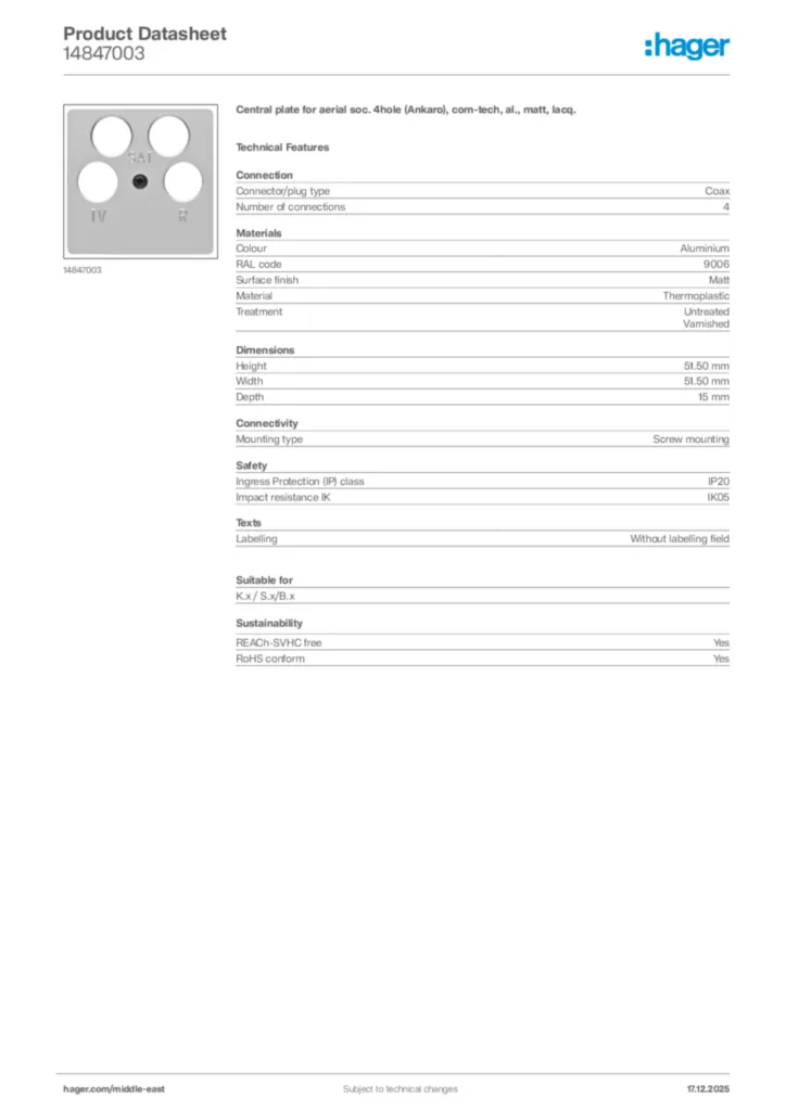 Image Hager Product data sheet 14847003  | Hager