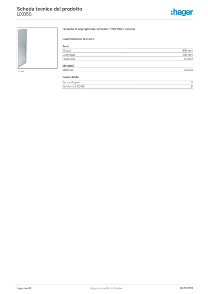 Immagine Hager Scheda tecnica del prodotto UX058 | Hager Italia