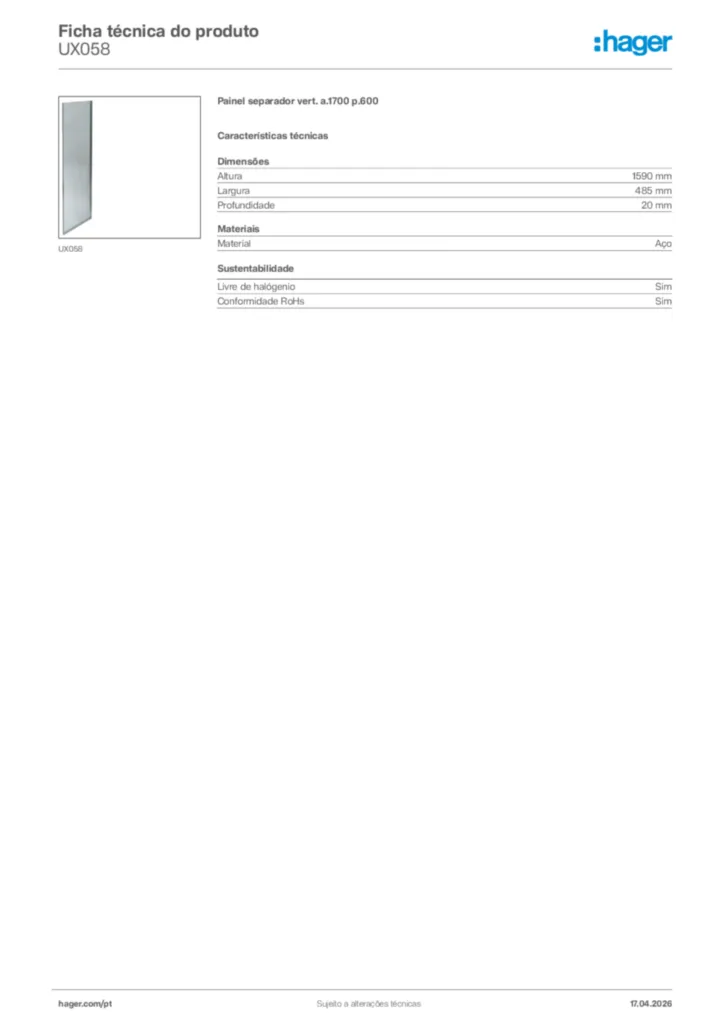 Imagem Hager Ficha técnica do produto UX058 | Hager Portugal