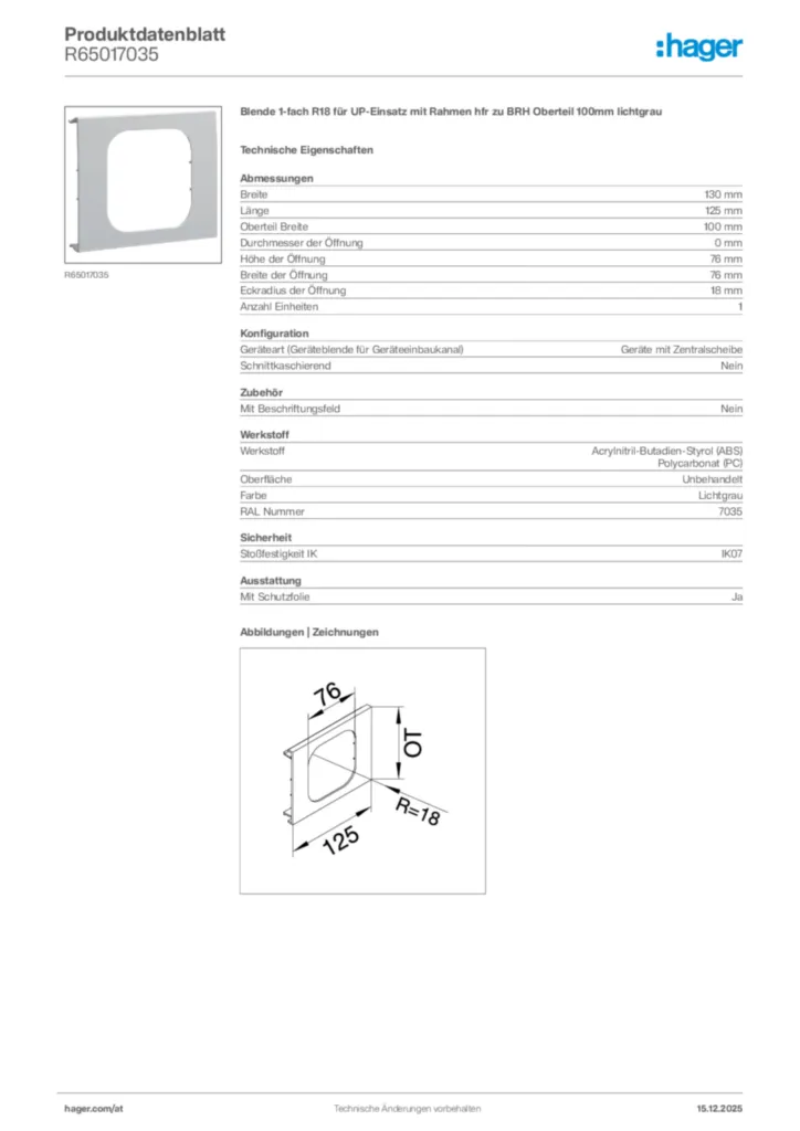 Bild Hager Produktdatenblatt R65017035 | Hager Deutschland