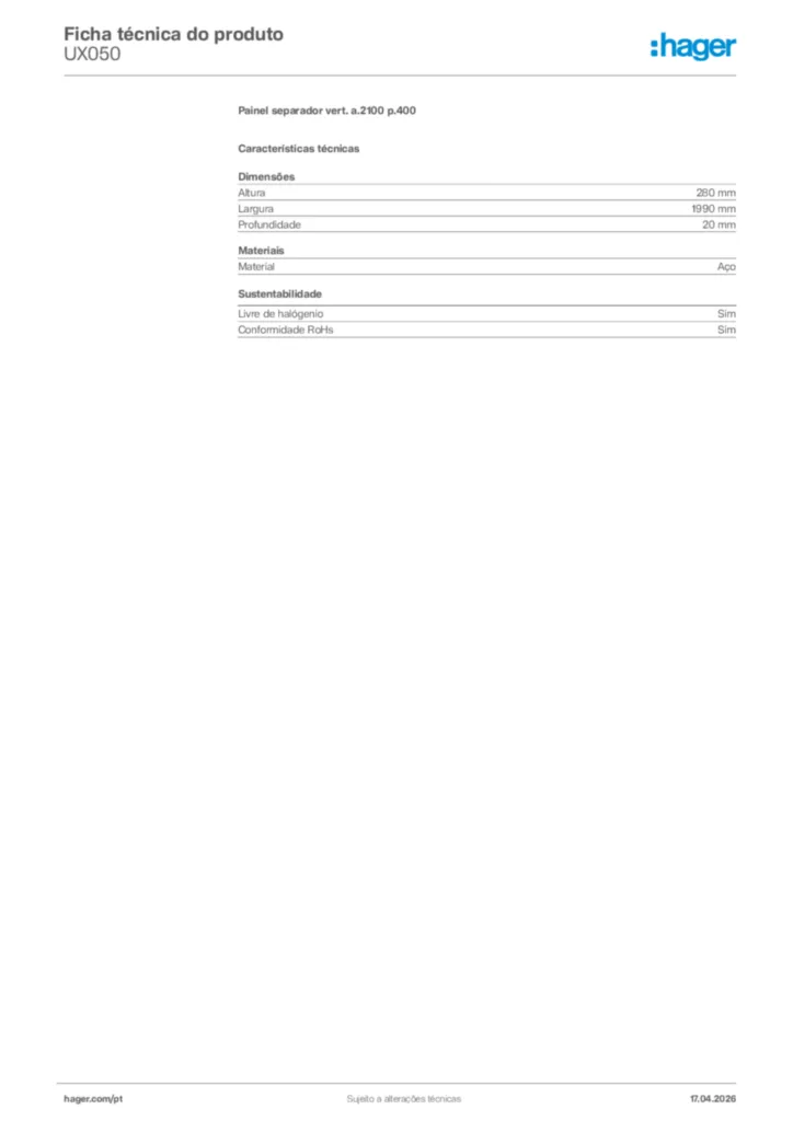 Imagem Hager Ficha técnica do produto UX050 | Hager Portugal