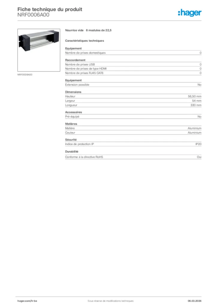 Image Hager Fiche technique du produit NRF0006A00 | Hager Belgique
