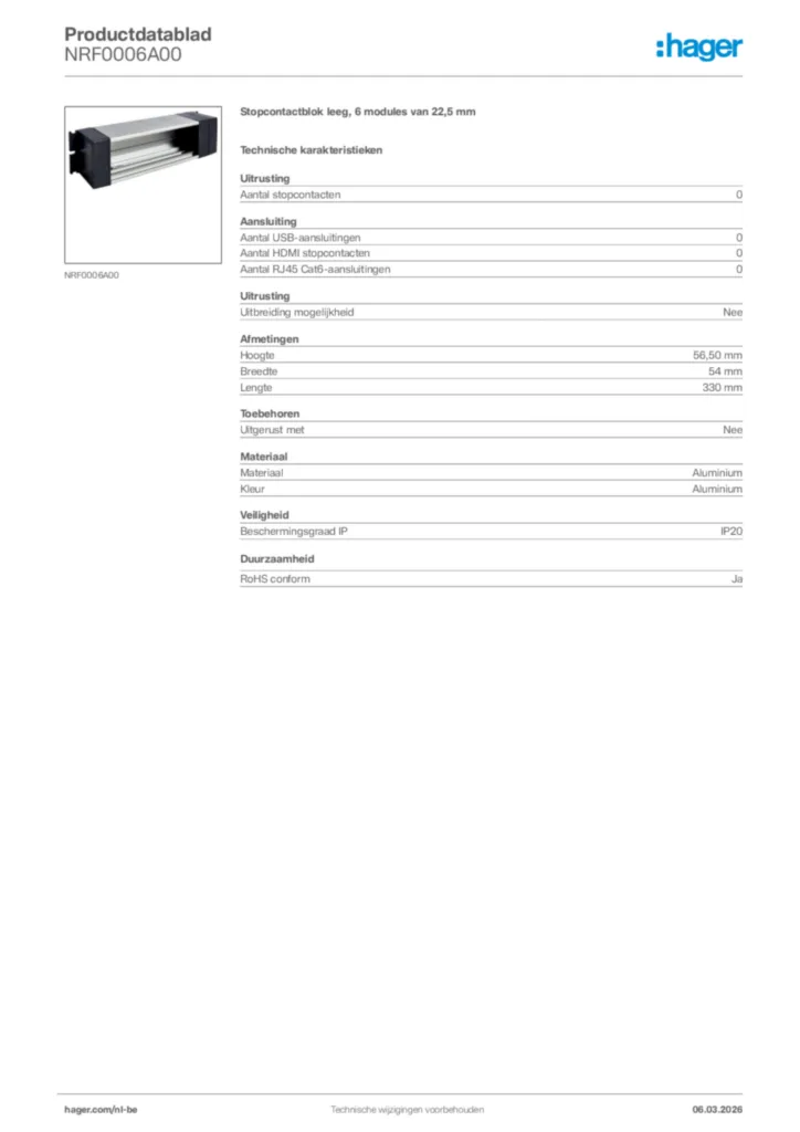 Afbeelding Hager Productdatablad NRF0006A00 | Hager Belgium