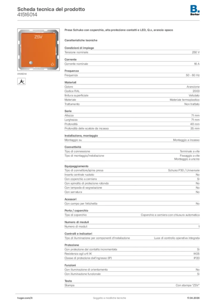 Immagine Berker Scheda tecnica del prodotto 41516014 | Hager Italia