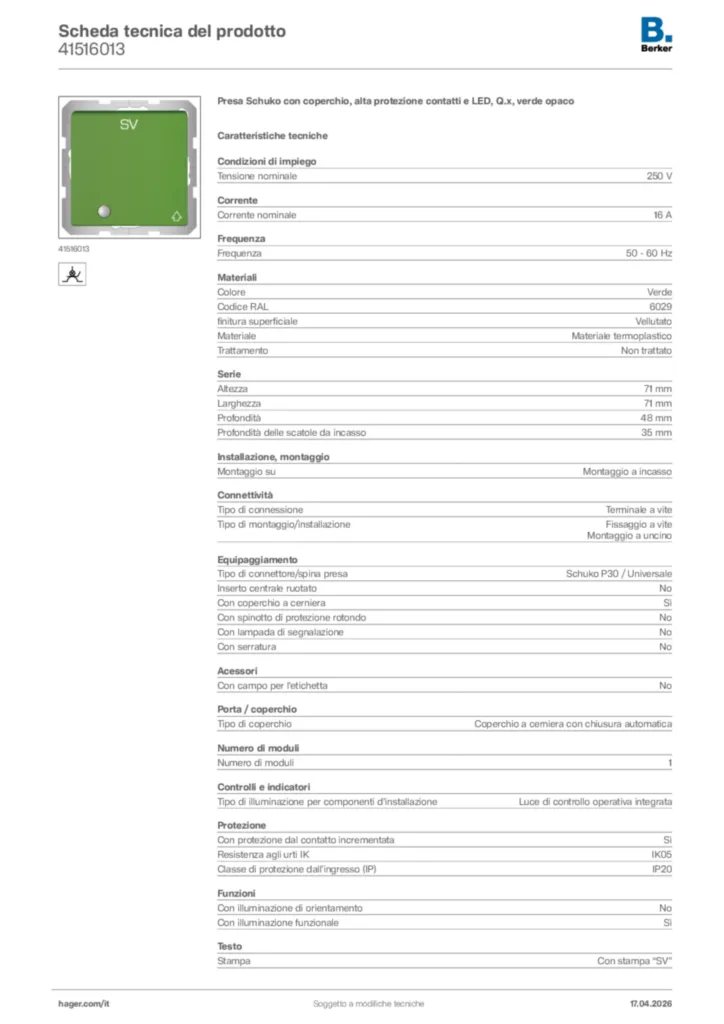 Immagine Berker Scheda tecnica del prodotto 41516013 | Hager Italia