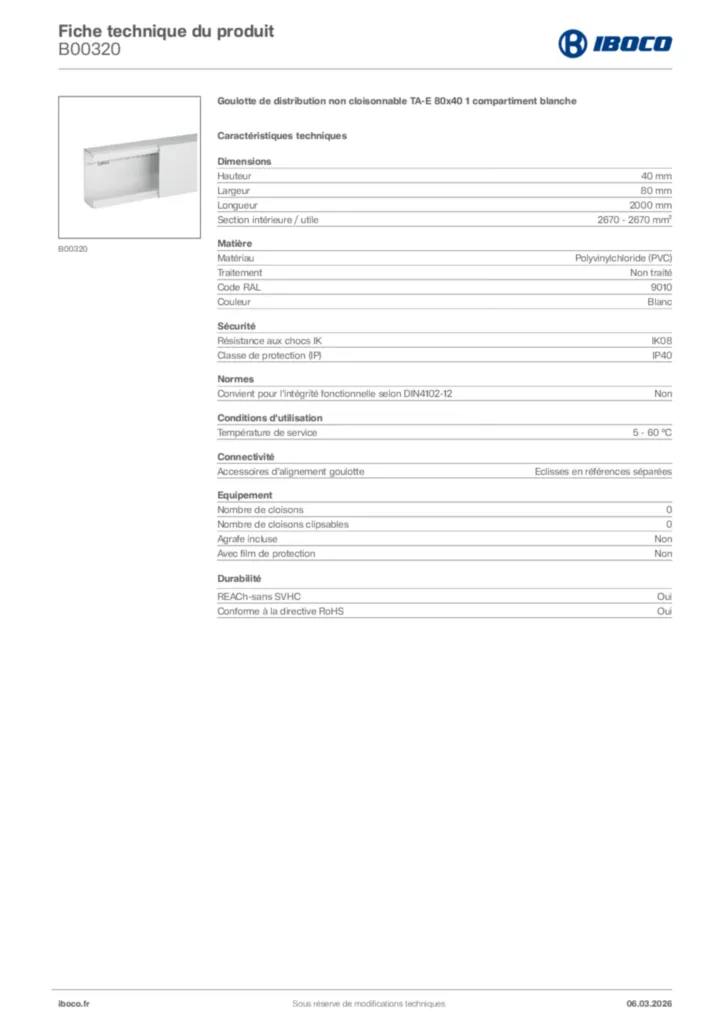 Image Iboco Fiche technique du produit B00320 | Hager France