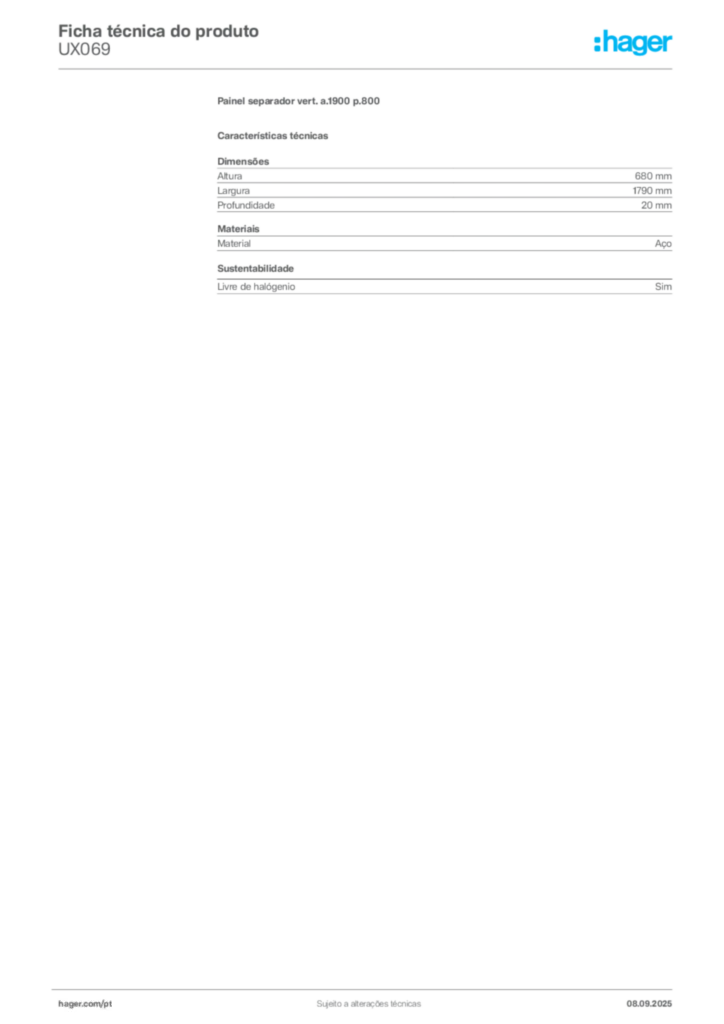 Imagem Hager Ficha técnica do produto UX069 | Hager Portugal