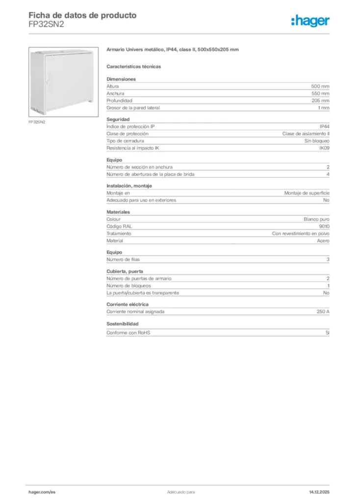 Imagen Hager Ficha de datos de producto FP32SN2 | Hager España