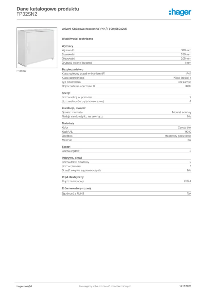 Zdjęcie Hager Karta katalogowa FP32SN2 | Hager Polska