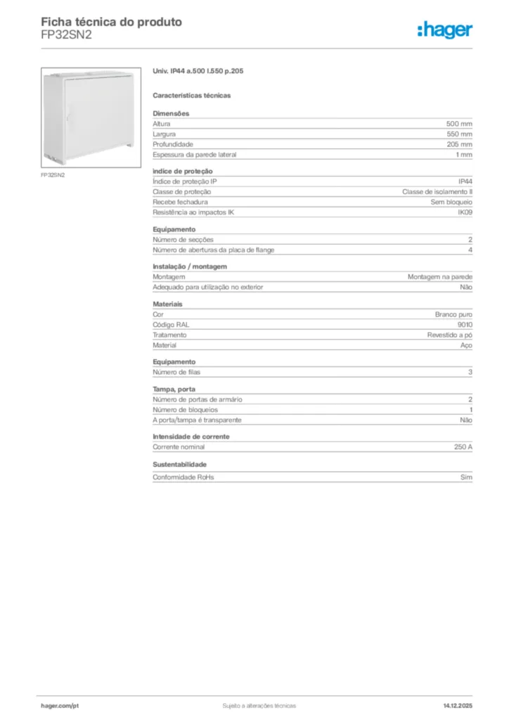 Imagem Hager Ficha técnica do produto FP32SN2 | Hager Portugal