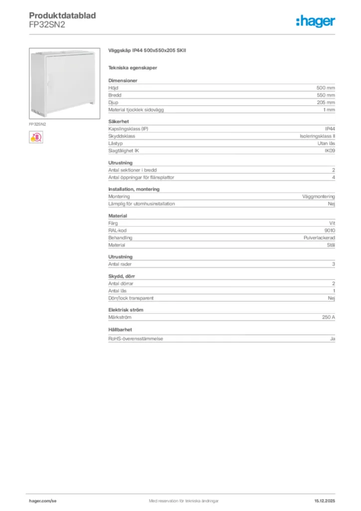 Bild Hager Produktdatablad FP32SN2 | Hager Sverige
