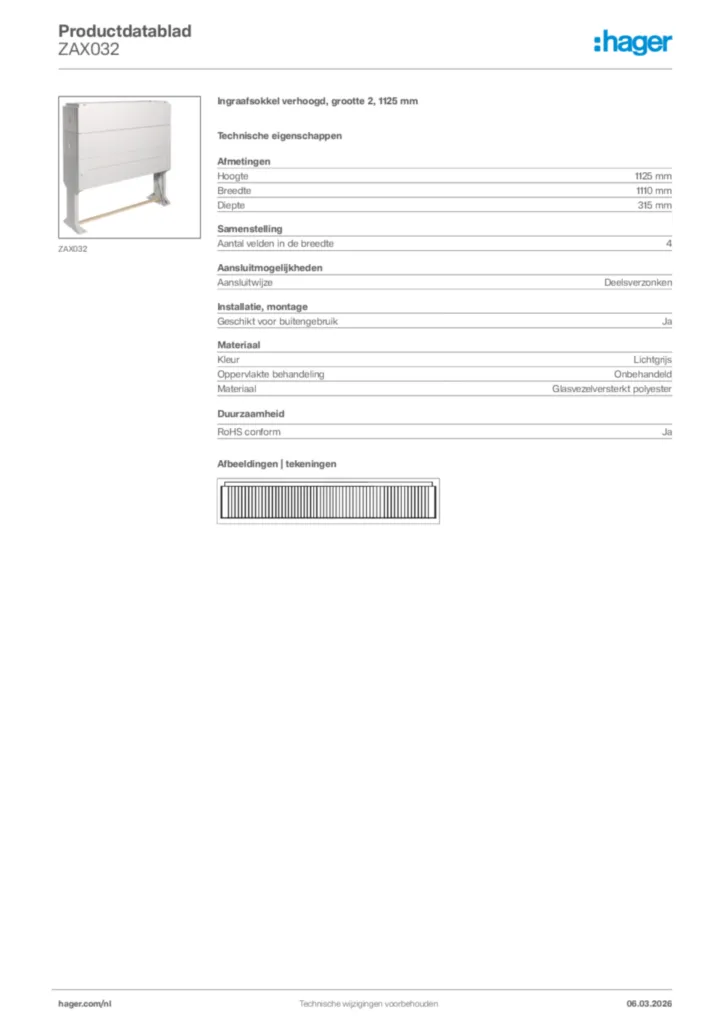 Afbeelding Hager Productdatablad ZAX032 | Hager Nederland