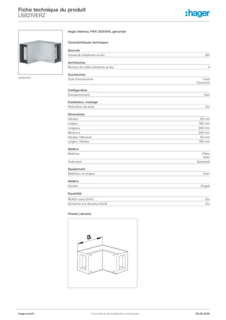 Image Hager Fiche technique du produit L6821VERZ | Hager France