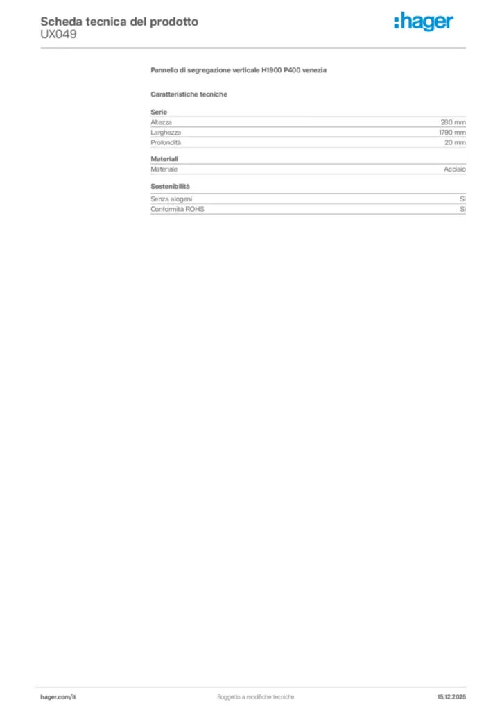Immagine Hager Scheda tecnica del prodotto UX049 | Hager Italia