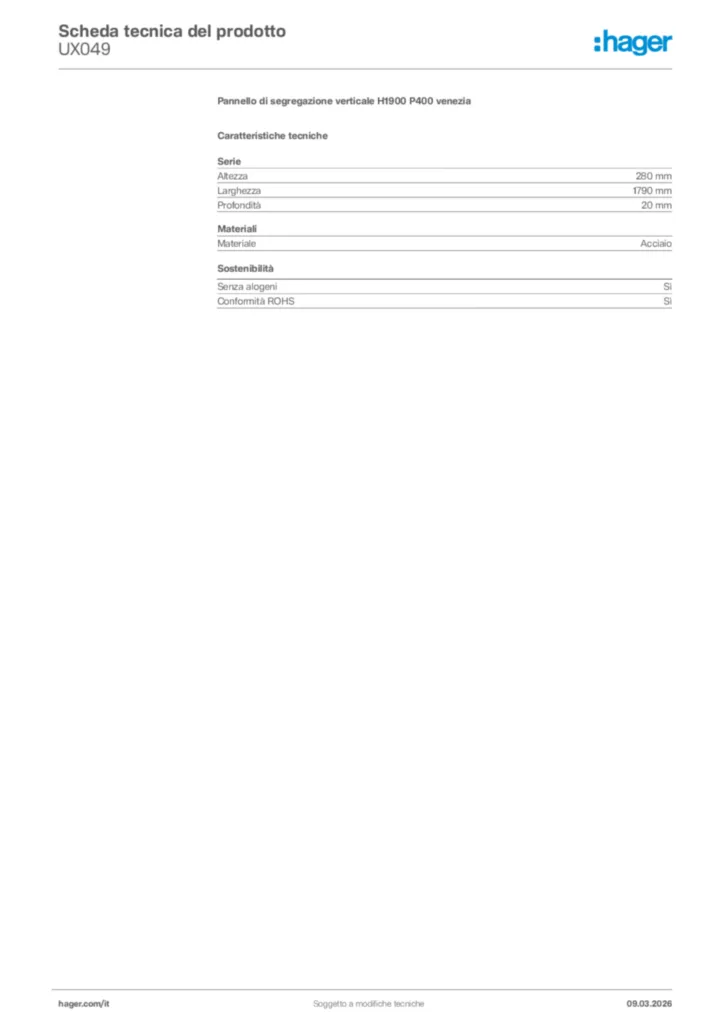 Immagine Hager Scheda tecnica del prodotto UX049 | Hager Italia
