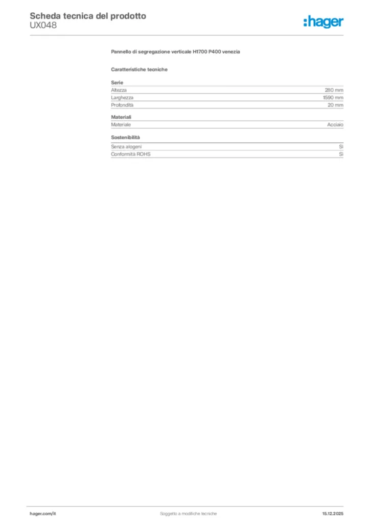 Immagine Hager Scheda tecnica del prodotto UX048 | Hager Italia