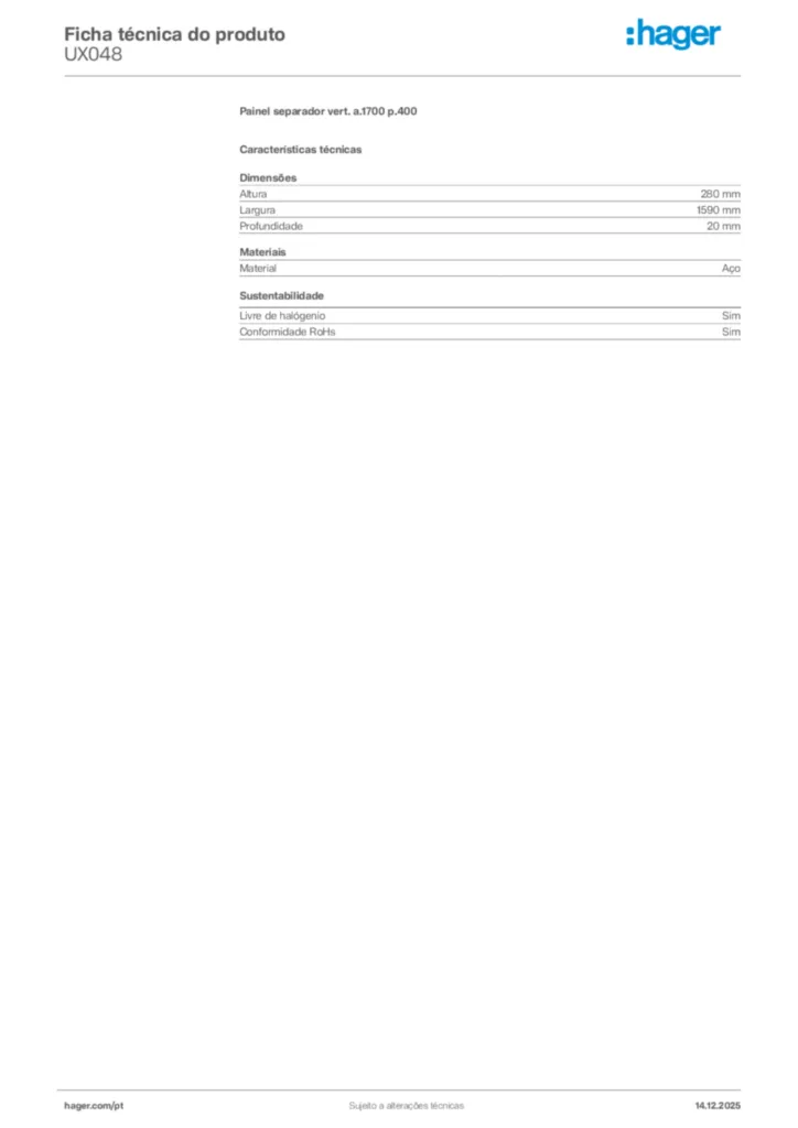 Imagem Hager Ficha técnica do produto UX048 | Hager Portugal