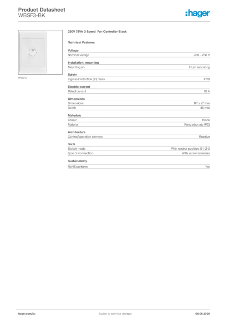 Image Hager Product data sheet WBSF3-BK  | Hager Australia