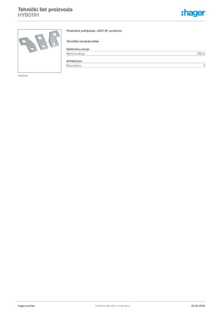 Slika Hager Tehnički list proizvoda HYB011H  | Hager