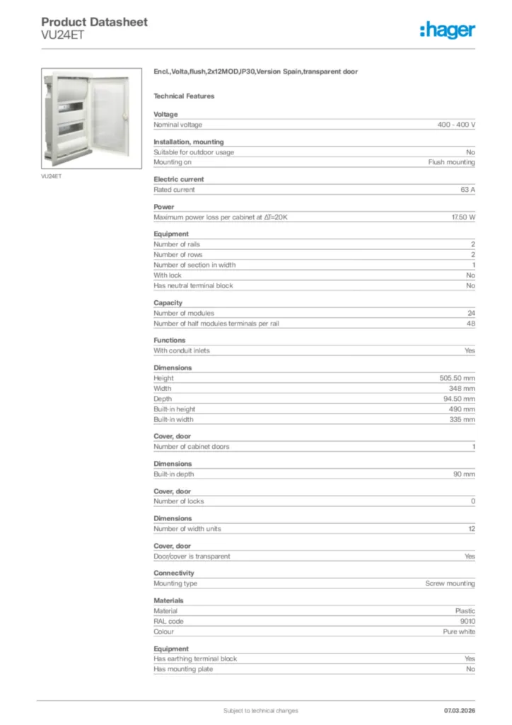 Image Hager Product data sheet VU24ET  | Hager Africa