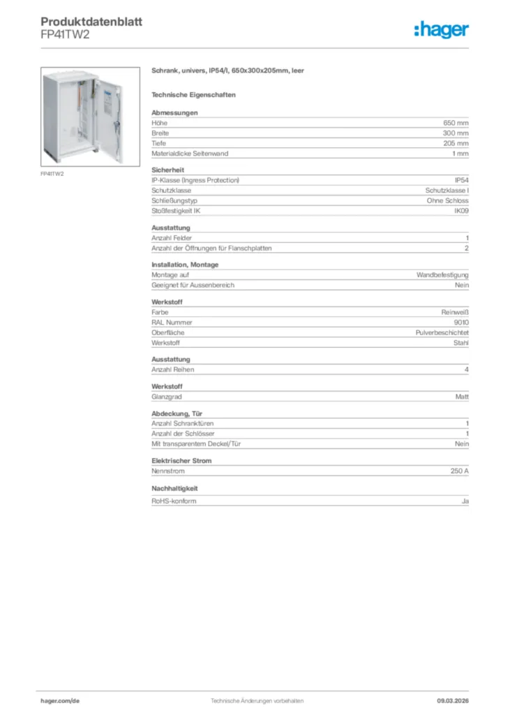 Bild Hager Produktdatenblatt FP41TW2 | Hager Deutschland