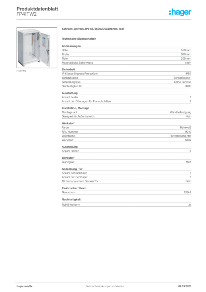 Bild Hager Produktdatenblatt FP41TW2 | Hager Deutschland