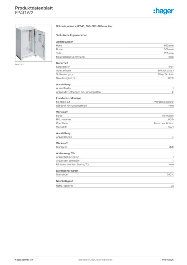 Bild Hager Produktdatenblatt FP41TW2 | Hager Schweiz